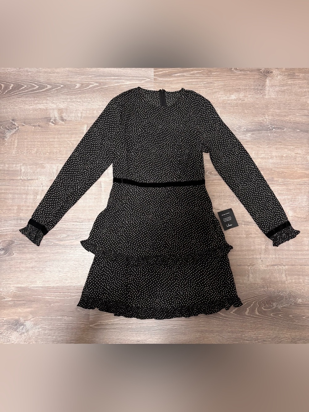 Lulus Floral To See Black Polka Dot Long Sleeve Mini Dress Size medium NWT